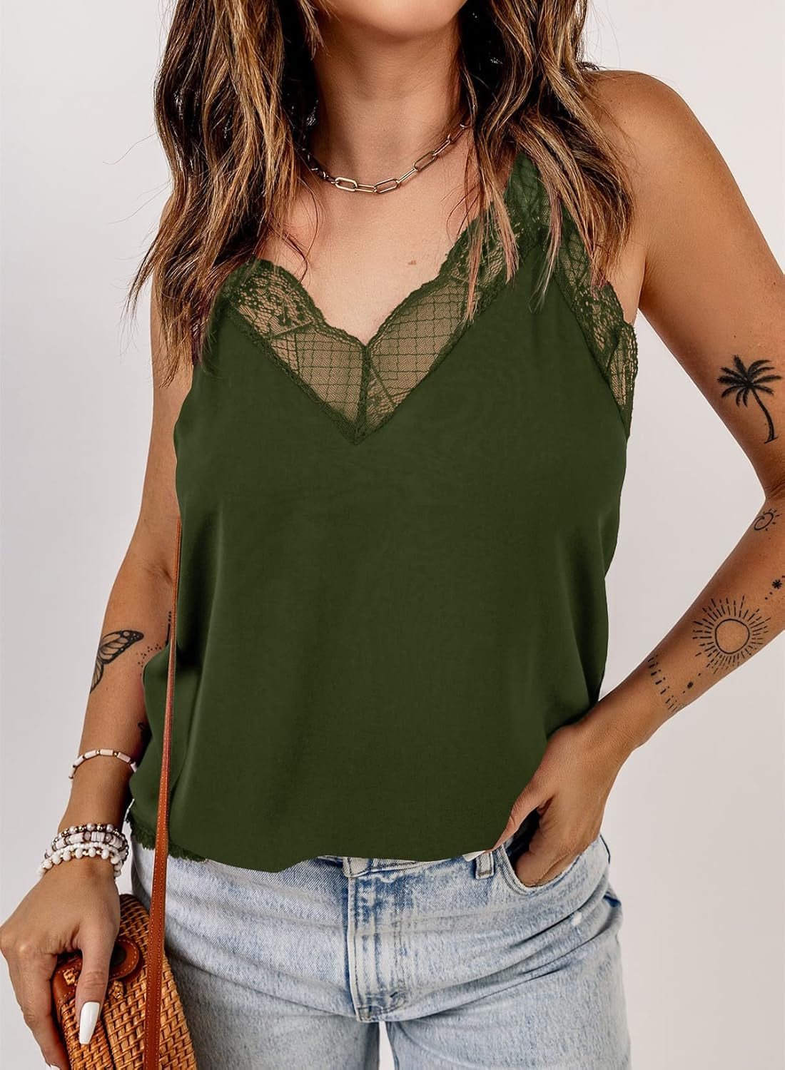 Womens Lace Camisoles Sexy V Neck Racerback Flowy Tank Tops Summer Sleeveless Cami Shirts Blouses