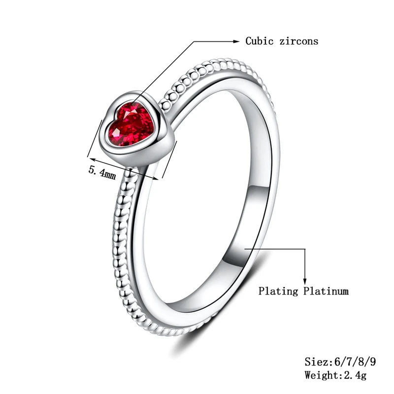 Fashion Simple Red Heart Crystal Zircon Ring for Women Girl Silver Plated Jewelry Engagement Party Trendy Love Gift Rings