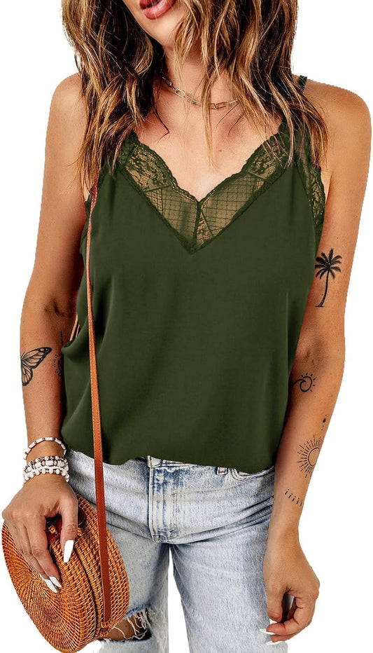 Womens Lace Camisoles Sexy V Neck Racerback Flowy Tank Tops Summer Sleeveless Cami Shirts Blouses