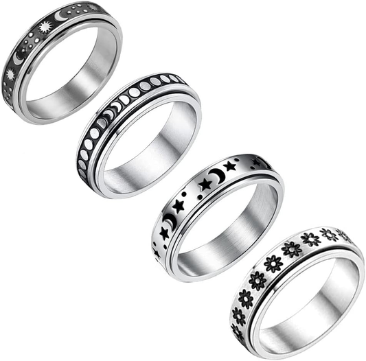 4PCS Plain Band Rings for Men Stainless Steel Rings for Men Wedding Ring Cool Spinner Rings for Men Black Stainless Steel Ring Set Anxiety Ring Fidget-Ga-7